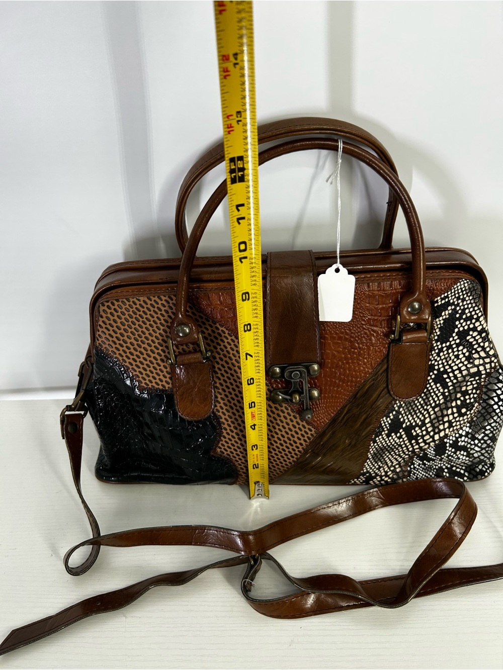 Vtg Leather Patchwork Doctor Bag Satchel Korea Made Croc Beautiful Design - Picture 7 of 16
